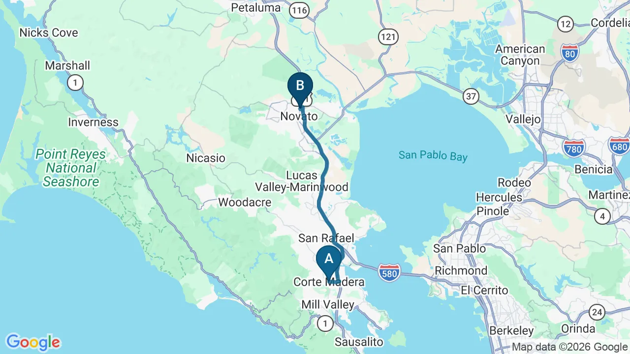Driving directions map from Corte Madera, CA to DeSalvo Chiropractic in Novato