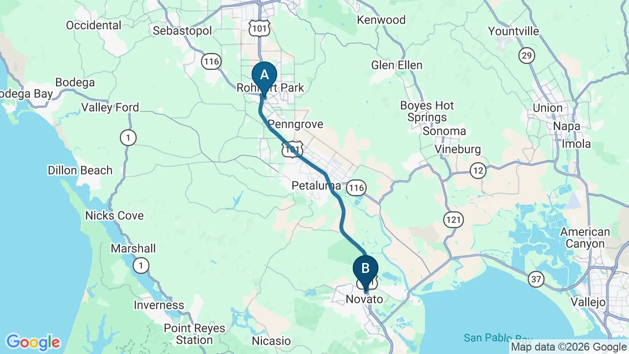 Driving directions map from Cotati, CA to DeSalvo Chiropractic in Novato