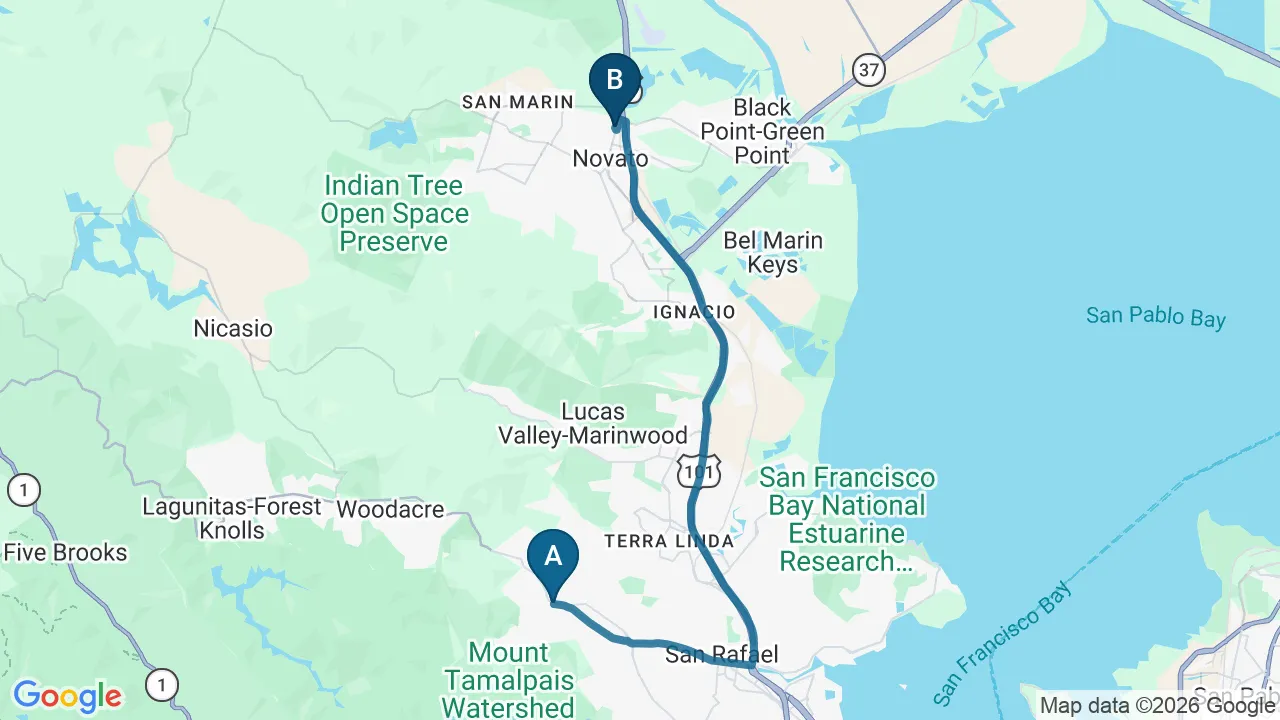 Driving directions map from Fairfax, CA to DeSalvo Chiropractic in Novato