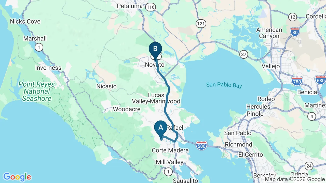 Driving directions map from Kentfield, CA to DeSalvo Chiropractic in Novato