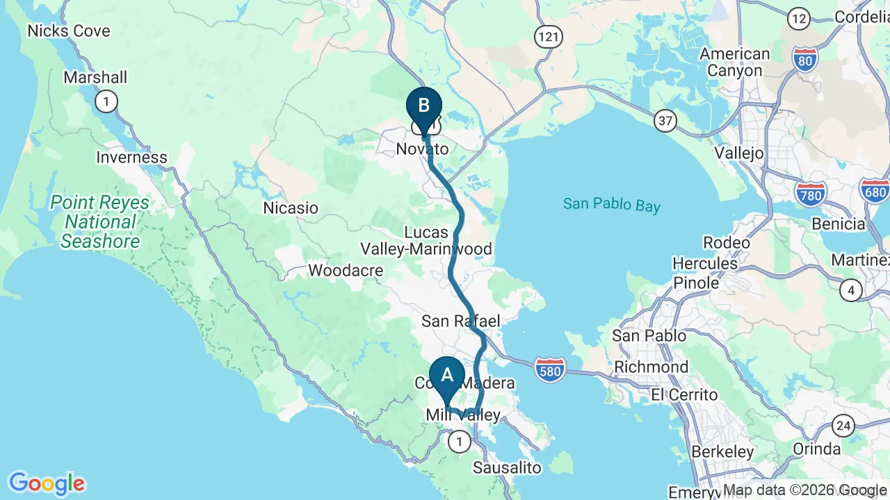 Driving directions map from Mill Valley, CA to DeSalvo Chiropractic in Novato