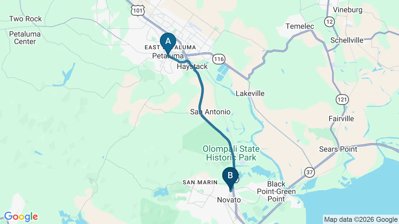 Driving directions map from Petaluma, CA to DeSalvo Chiropractic in Novato