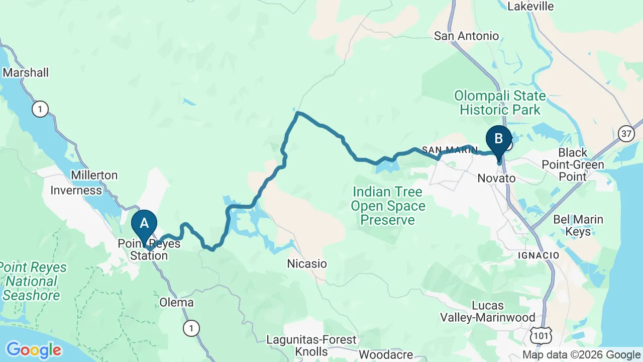 Driving directions map from Point Reyes Station, CA to DeSalvo Chiropractic in Novato