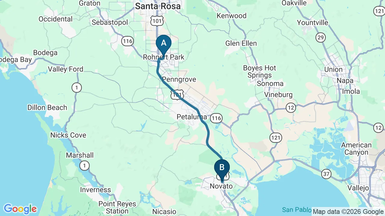 Driving directions map from Rohnert Park, CA to DeSalvo Chiropractic in Novato