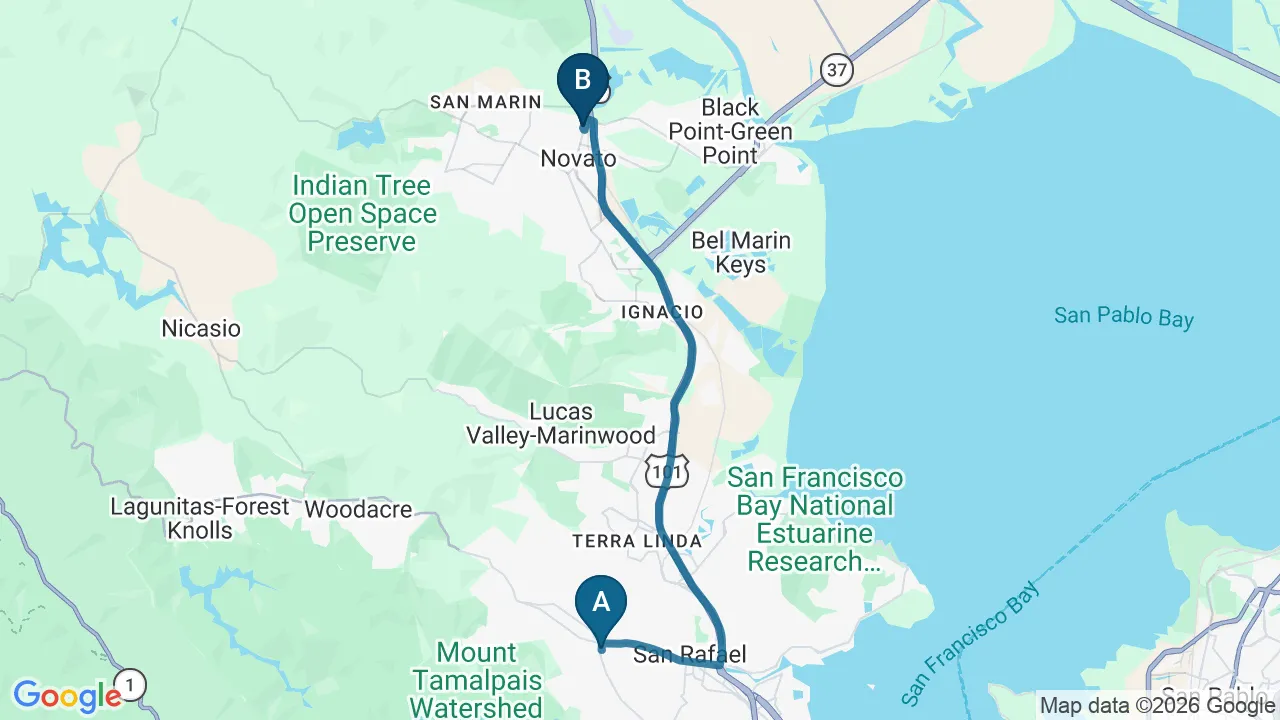 Driving directions map from San Anselmo, CA to DeSalvo Chiropractic in Novato