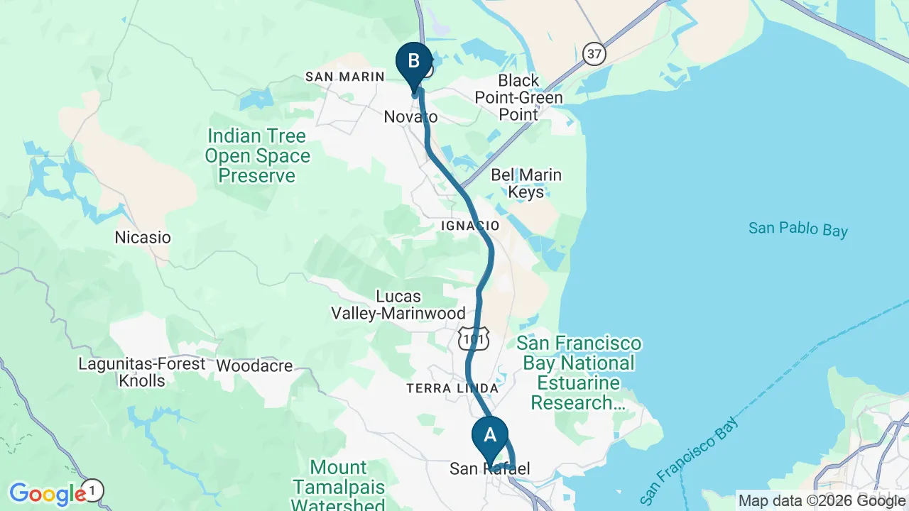 Driving directions map from San Rafael, CA to DeSalvo Chiropractic in Novato