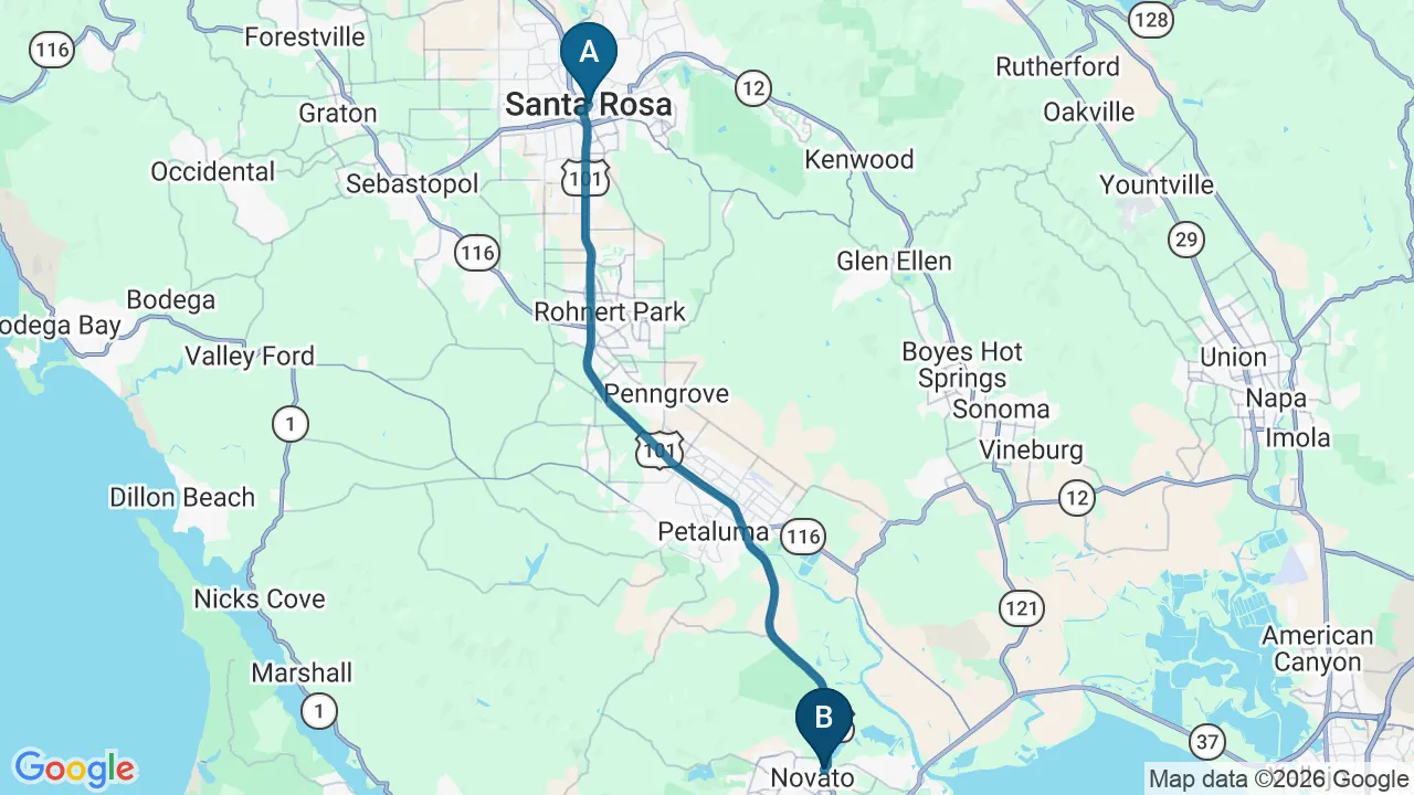 Driving directions map from Santa Rosa, CA to DeSalvo Chiropractic in Novato