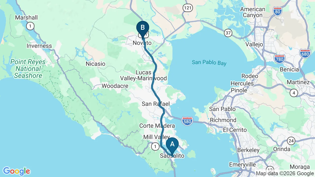 Driving directions map from Sausalito, CA to DeSalvo Chiropractic in Novato
