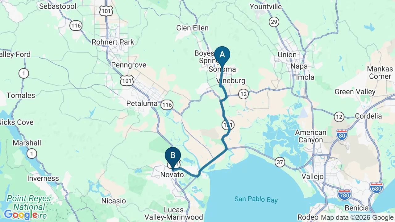 Driving directions map from Sonoma, CA to DeSalvo Chiropractic in Novato