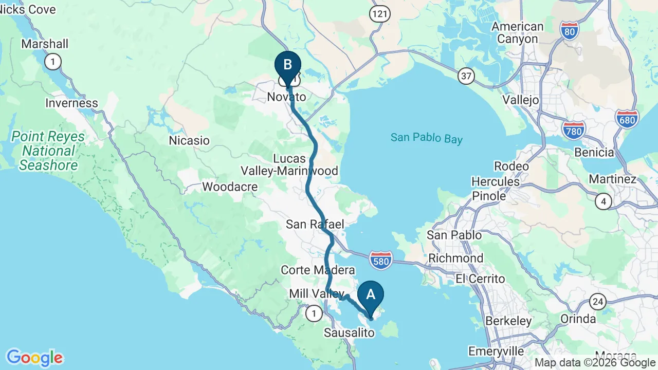 Driving directions map from Tiburon, CA to DeSalvo Chiropractic in Novato