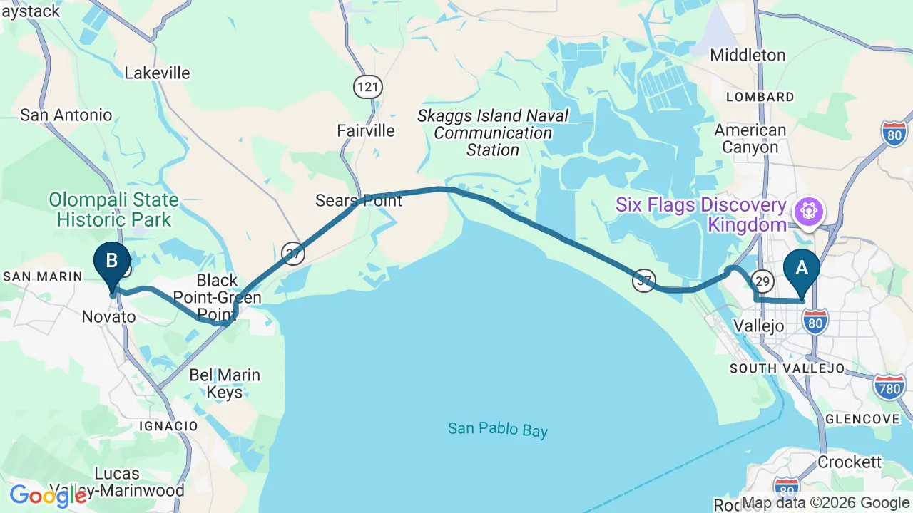 Driving directions map from Vallejo, CA to DeSalvo Chiropractic in Novato