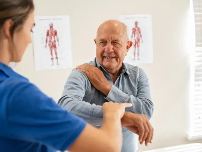 Physiotherapist,Helping,Senior,Man,With,Elbow,Exercise,In,Clinic.,Doctor