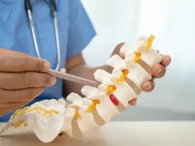 Doctor,With,Lumbar,Vertebra,Bone,Skeleton,And,Nerve,Model,For