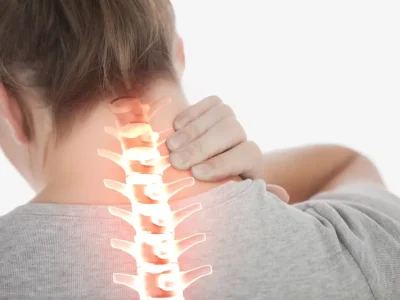 Digital,Composite,Of,Highlighted,Spine,Of,Woman,With,Neck,Pain